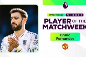 官方：B费当选英超第13轮最佳球员，对阵水晶宫送出2次助攻