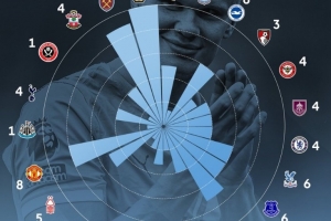 英超官方晒哈兰德百球分布：对狼队10球最多，曼联8球、枪手5球