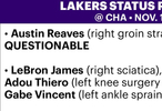 湖人更新伤病报告，里夫斯出战成疑
