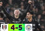 英超曼城5比4险胜富勒姆，暂落后阿森纳2分